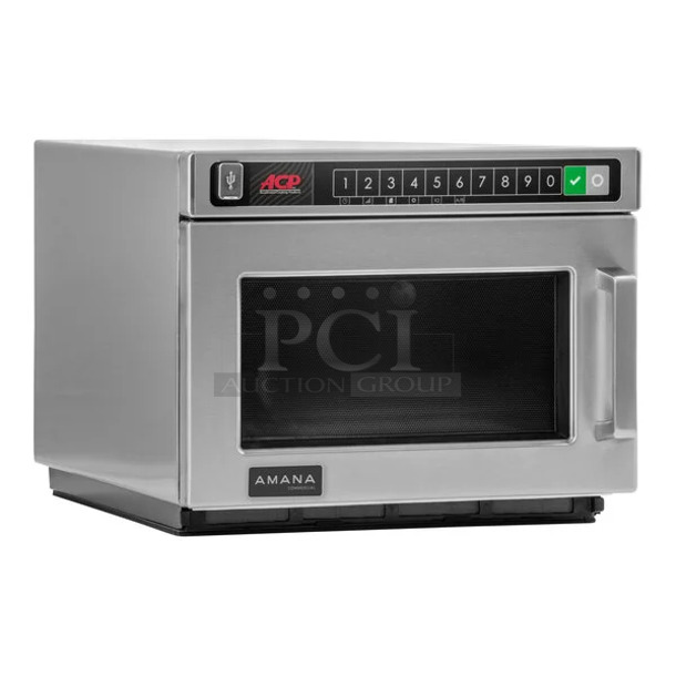 BRAND NEW SCRATCH AND DENT! 2024 Amana HDC1015 Stainless Steel  Heavy-Duty Stainless Steel Commercial Microwave with Push Button Controls. 120 Volts 1 Phase.  - Image 1 of 5