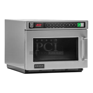 BRAND NEW SCRATCH AND DENT! 2024 Amana HDC1015 Stainless Steel  Heavy-Duty Stainless Steel Commercial Microwave with Push Button Controls. 120 Volts 1 Phase. 
