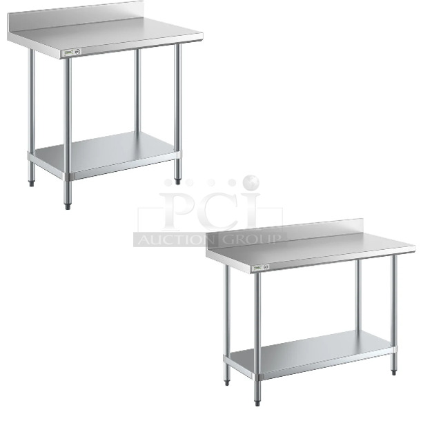 2 BRAND NEW SCRATCH AND DENT! Items Including Regency 600TB2436G 24" x 36" 18-Gauge 304 Stainless Steel Commercial Work Table with 4" Backsplash and Galvanized Undershelf and Regency 600TB2448G 24" x 48" 18-Gauge 304 Stainless Steel Commercial Work Table with 4" Backsplash and Galvanized Undershelf. 2 Times Your Bid! May Be Missing Pieces.  - Image 1 of 4