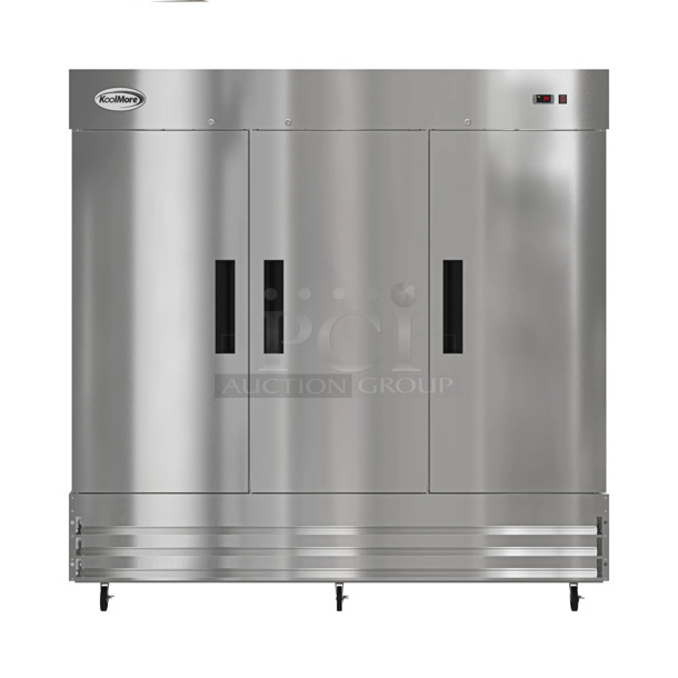 BRAND NEW SCRATCH AND DENT! KoolMore RIR-3D-SS Stainless Steel Commercial 3 Door Reach In Cooler w/ Poly Coated Racks on Commercial Casters. 115 Volts, 1 Phase. Tested and Working! - Image 1 of 11