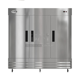 BRAND NEW SCRATCH AND DENT! KoolMore RIR-3D-SS Stainless Steel Commercial 3 Door Reach In Cooler w/ Poly Coated Racks on Commercial Casters. 115 Volts, 1 Phase. Tested and Working!