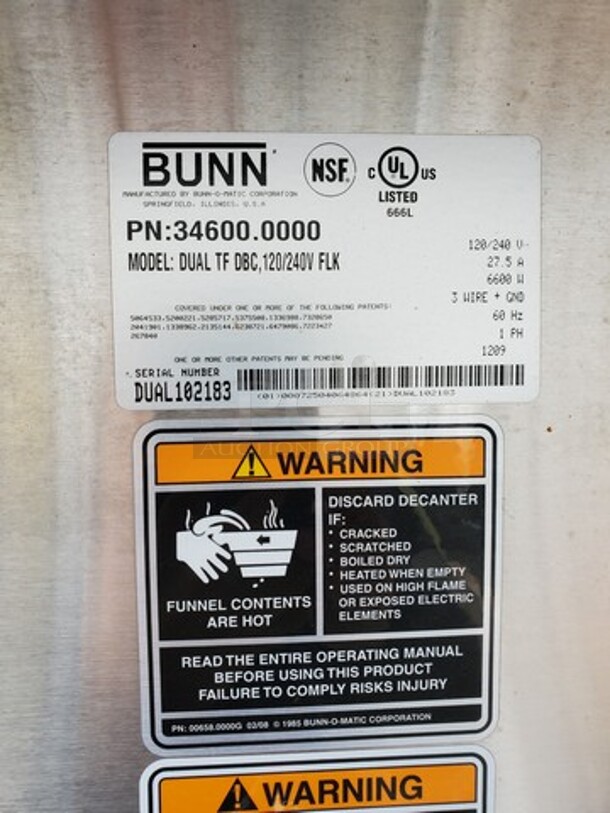 BUNN DUAL TF DBC Coffee Brewer 120/240V SOLD AS IS! - Image 3 of 3