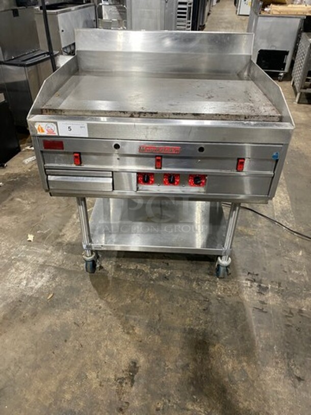 MagiKitch'n Commercial Countertop Natural Gas Powered Flat Griddle! With Back & Side Splashes! On Equipment Stand! With Storage Space Underneath! All Stainless Steel! On Casters!