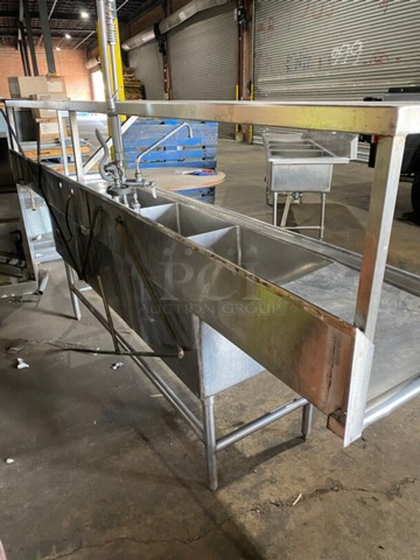 Commercial 3 Compartment Dish Washing Sink! With Overhead Shelf! With Jet Spray Assembly! With Dual Side Drain Board! With Back Splash! All Stainless Steel! On Legs! - Image 3 of 9