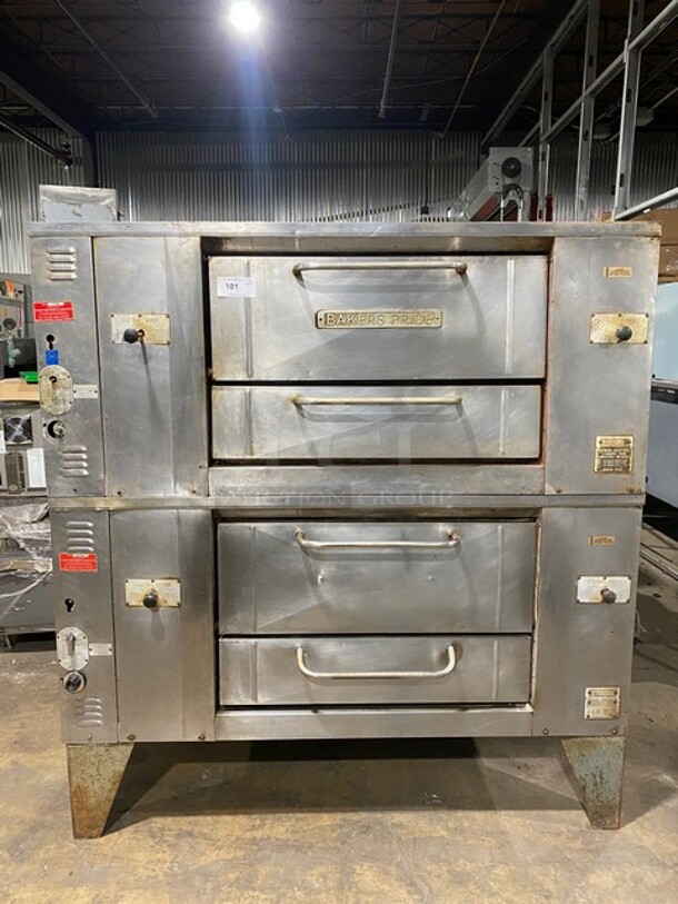 AMAZING! Bakers Pride Commercial Natural Gas Powered Double Deck Pizza/Baking Oven! With Stones! All Stainless Steel! Model D125 Serial C459! On Legs! 2x Your Bid Makes One Unit! SOME STONES MAY HAVE CRACKS! - Image 1 of 12