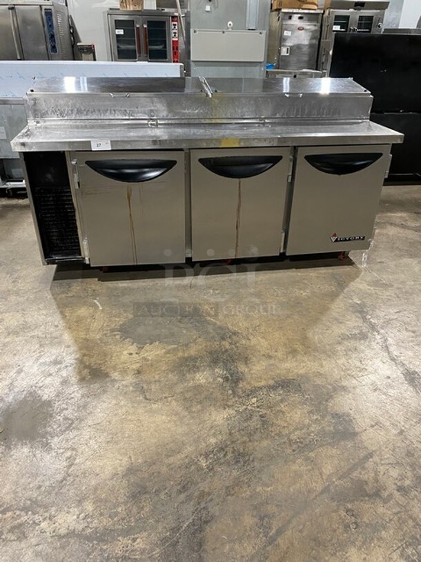 Victory Commercial Refrigerated Pizza Prep Table! With 3 Door Storage Space Underneath! All Stainless Steel! Model: VPT88 SN: P0277405 115V 60HZ 1 Phase