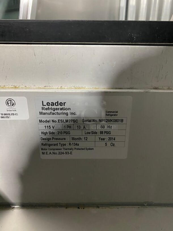 Leader Commercial Refrigerated Sandwich Mega Top Prep Table! With Commercial Cutting Board! With Single Door Underneath Storage Space! All Stainless Steel! MODEL ESLM27SC SN:NP12MK0801B 115V - Image 8 of 9
