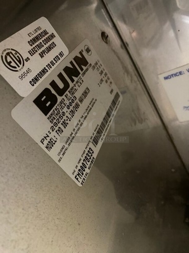 NICE! Bunn Commercial Countertop Hot Chocolate/ Hot Beverage Dispenser! All Stainless Steel! On Legs! Dunkin Donuts Edition! Model: FMDDBC3 SN: FMD0078333 120/240V 60HZ 1 Phase - Image 7 of 8
