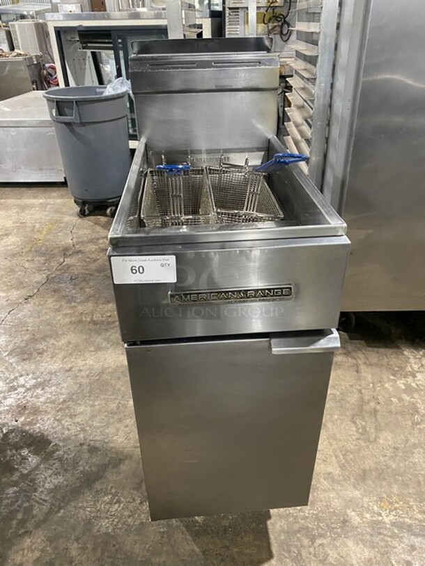 American Range Commercial Natural Gas Powered Deep Fat Fryer! All Stainless Steel! With Back Splash! With 2 Frying Baskets! On Legs! Model AF35/5G! - Image 1 of 8