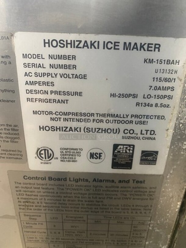 Hoshizaki Commercial Undercounter Ice Maker Machine! All Stainless Steel! On Legs! Model: KM151BAH SN: U13132H 115V 60HZ 1 Phase - Image 7 of 9
