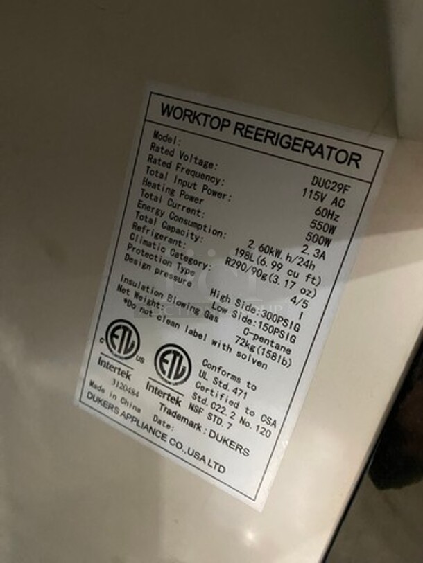 Dukers Commercial Single Door Refrigerated Lowboy/ Worktop Freezer! With Poly Coated Rack! Solid Stainless Steel! On Casters! Model: DUC29F 115V 60HZ 1 Phase - Image 6 of 7