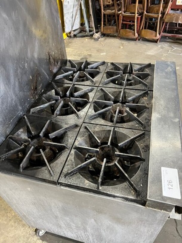 CPG Commercial Natural Gas Powered 6 Burner Stove! With Raised Back Splash! With Oven Underneath! All Stainless Steel! On Casters! Model: 36CPGV6B30N SN: 996991412030 - Image 4 of 9