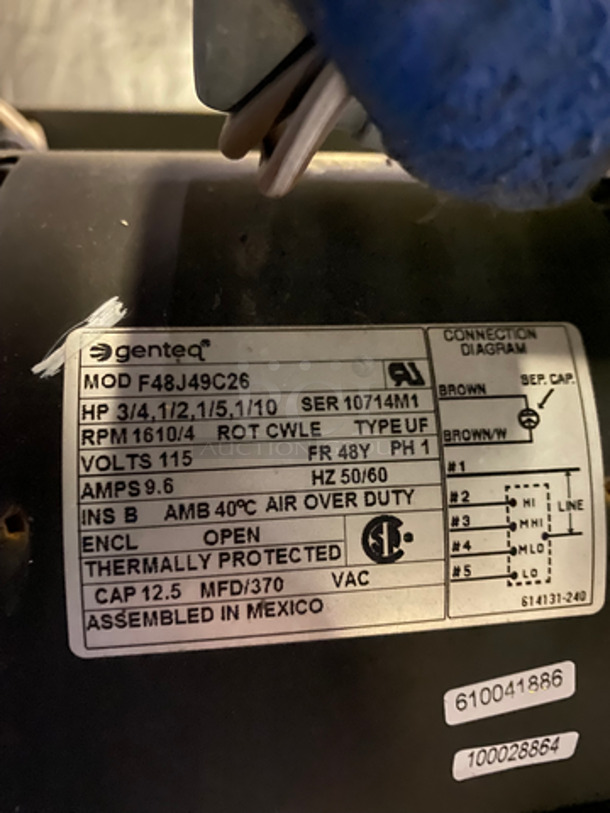 Gentec Commercial Convection Motor! Model: F48J49C26 SN: 10714M1 115V 60HZ 1 Phase - Image 5 of 5