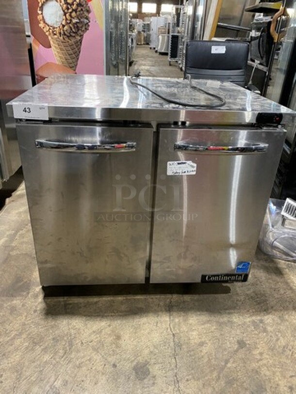 Continental Commercial 2 Door Lowboy/Worktop Cooler! All Stainless Steel! On Small Casters! Model: SW36N SN: 159A1879 115V 60HZ 1 Phase