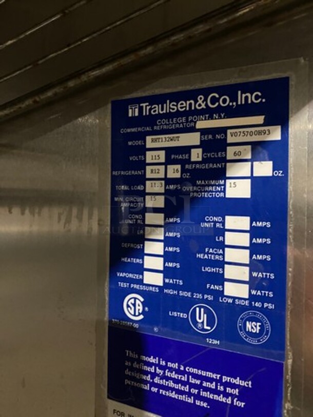 Traulsen Commercial Single Door Reach In Cooler! All Stainless Steel! On Legs! Model: RHT132WUT SN: V075700H93 115V 60HZ 1 Phase - Image 6 of 8