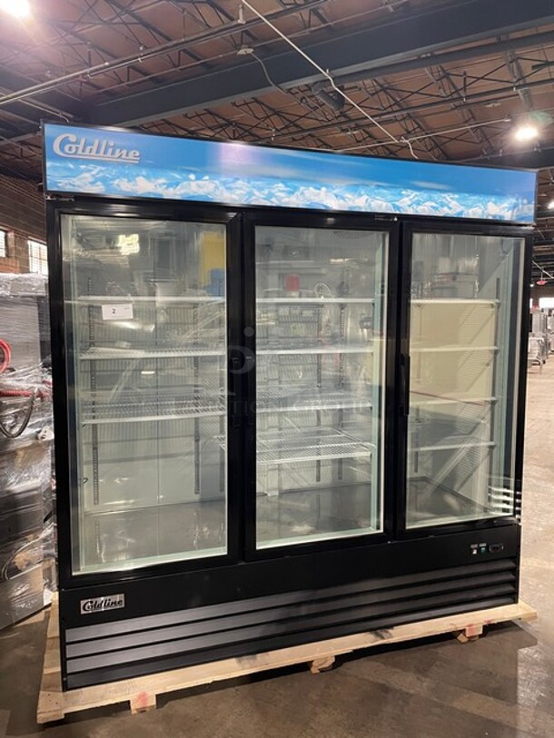 2023 Late Model! ColdLine Commercial 79" Triple Glass Swing Door Merchandiser Freezer! With Poly Coated Racks! 115V! Model: D80-B SN: 085888104! - Image 1 of 8