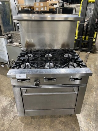 Sunfire All Stainless Steel Natural Gas 6 Burner Stove! With an Underneath Full Size Stove! And a Back Splash And Salamander Shelf! On Casters! Model X366R