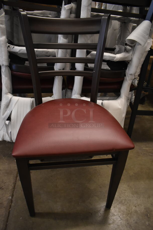8 BRAND NEW SCRATCH AND DENT! Lancaster Table & Seating 164CWGWLADFR Black Metal Dining Height Chair w/ Maroon Seat Cushion. 8 Times Your Bid! 