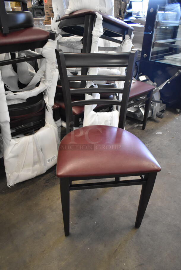 18 BRAND NEW SCRATCH AND DENT! Lancaster Table & Seating Ladder Back Dining Height Chair w/ Maroon Seat Cushion. 18 Times Your Bid!