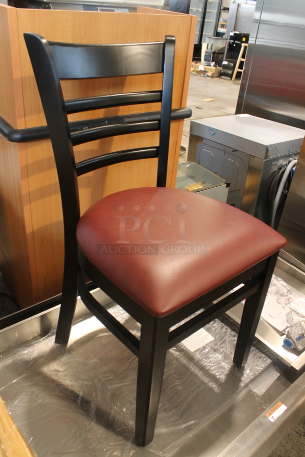 4 BRAND NEW SCRATCH AND DENT! Lancaster Table & Seating 164CLADBLKFR Black Ladder Back Dining Chairs w/ Burgundy Vinyl Seat Cushions. 4 Times Your Bid! - Image 2 of 4
