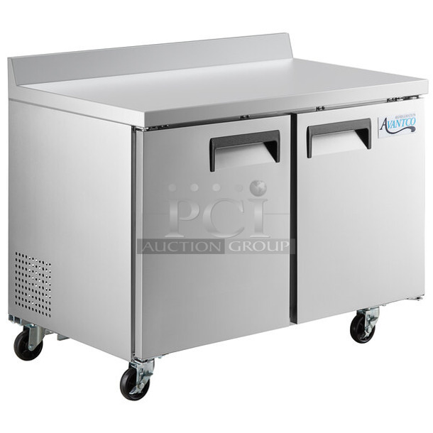 BRAND NEW SCRATCH AND DENT! 2023 Avantco 178ZWT48RHC Stainless Steel 2 Door Work Top Cooler w/ Back Splash on Commercial Casters. 115 Volts, 1 Phase. Tested and Working!