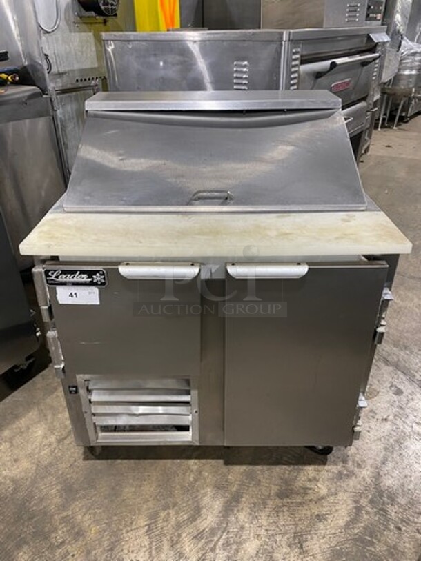 Leader Commercial Refrigerated Sandwich Prep Table! With 2 Door Underneath Storage Space! With Poly Coated Racks! With Commercial Cutting Board! All Stainless Steel! On Casters! Model: LM36 SN: PW08M1412 115V 60Hz 1 Phase - Image 1 of 10