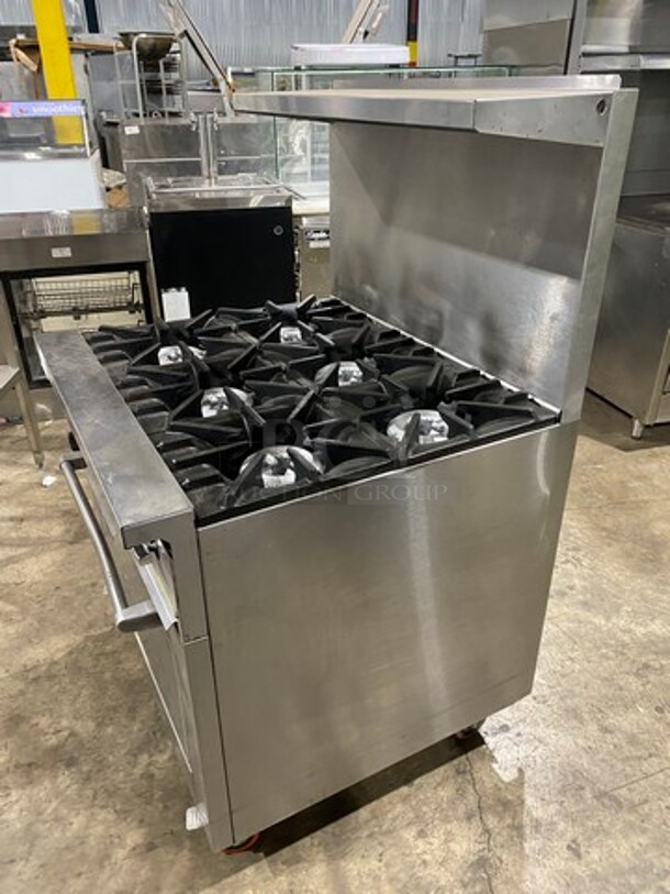 Sunfire Commercial Natural Gas Powered 6 Burner Stove! With Raised Back Splash And Salamander Shelf! With Oven Underneath! All Stainless Steel! On Casters! - Image 2 of 9
