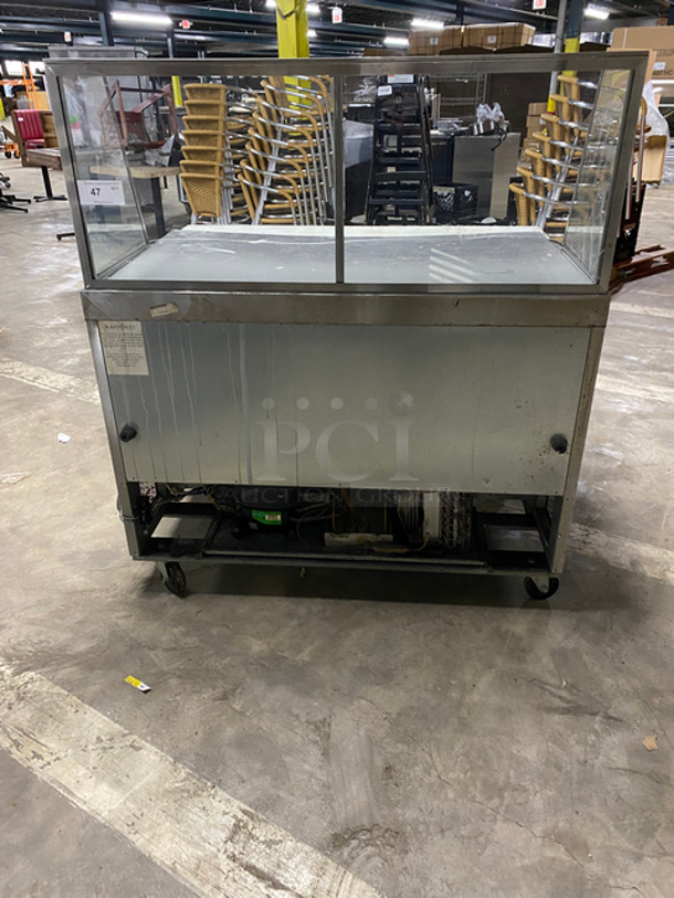 Ascend Commercial Refrigerated Sandwich Prep Table! With Commercial Cutting Board! With Sneeze Guard! With 2 Door Storage Space Underneath! Poly Coated Racks! All Stainless Steel! On Casters! Model: JMP4818 SN: MP4808110145 115V 60HZ 1 Phase