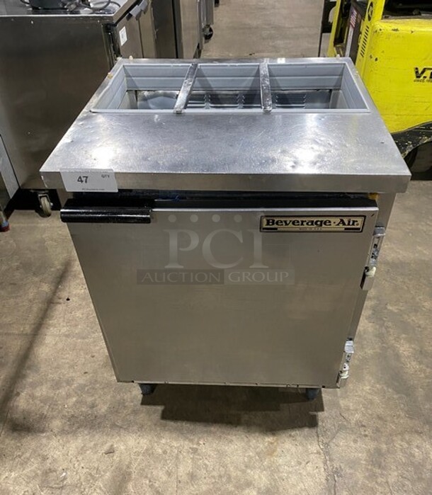 Beverage Air Commercial Refrigerated Sandwich Prep Table! With Single Door Underneath Storage Space! All Stainless Steel! On Legs! Model: SUR27 SN: 4405618 115V 60HZ 1 Phase