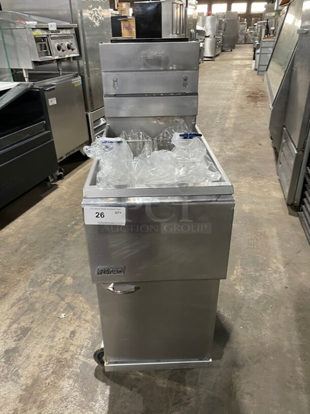 NICE! Pitco Commercial Natural Gas Powered Deep Fat Fryer! With Backsplash! All Stainless Steel! With 2 NEW Frying Baskets! On Casters! Model: 45C SN: G11DB014707! - Image 1 of 9