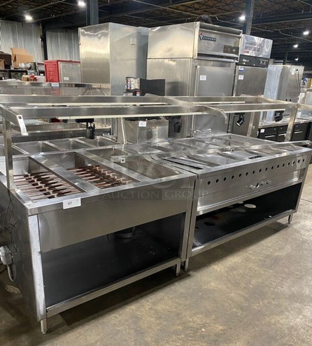 AMAZING! Custom Natural Gas Powered Island Style Steam Table! With Refrigerated Island Style Salad Bar Display Unit! All Stainless Steel! With Sneeze Guard Frame Build Out! With Enclosed Storage Underneath! On Legs! All One Money!  - Image 1 of 7
