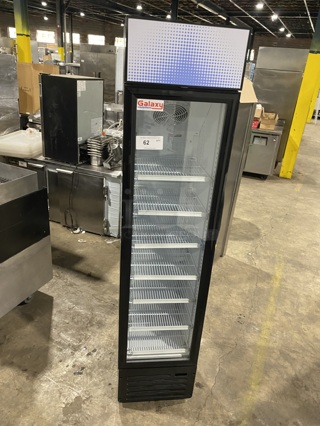 BRAND NEW SCRATCH & DENT! Galaxy GDN-5 16 1/2" Black Swing Glass Door Merchandiser Refrigerator with Red, White, and Blue LED Lighting.MODEL:177GDN5RBB 120V! 