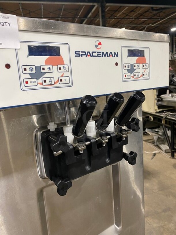 NICE! LATE MODEL! Spaceman Commercial Dual Soft Serve Ice Cream Machine! With 2 Hoppers & 3 Dispensers! All Stainless Steel! On Casters! 220V 1 Phase! Model: 6250-C SN: 201694! Working When Removed!  - Image 6 of 8