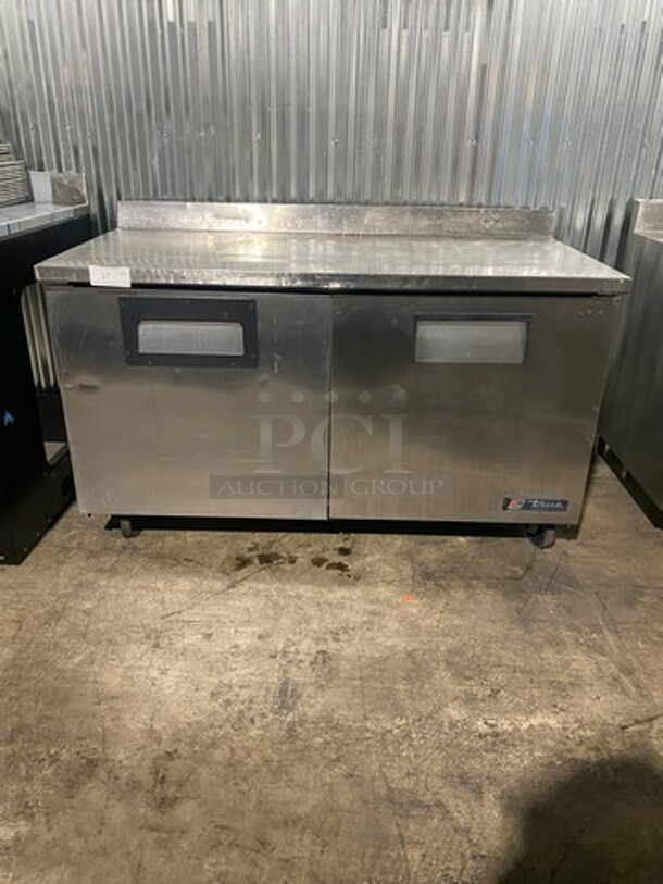 True Commercial 2 Door Work/Prep Top Lowboy Cooler! With Backsplash! All Stainless Steel! With Poly Coated Racks! On Casters! Model: TWT60 SN: 12972936! 115V 60HZ 1 Phase!