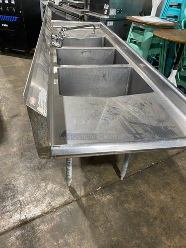 Aero Commercial 3 Compartment Dish Washing Sink! With Dual Side Drain Board! With Faucet And Handles! With Back Splash! All Stainless Steel! On Legs! - Image 2 of 9