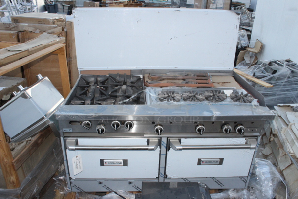 BRAND NEW SCRATCH & DENT! Garland G60-4G36RR Natural Gas 4 Burner 60" Range with 36" Griddle and 2 Standard Ovens - 262,000 BTU. S/N: 2310100102544 Rail holding burners is bent, Splash Guard is bent, 1 knob not connected. (see photos)	 - Image 2 of 9