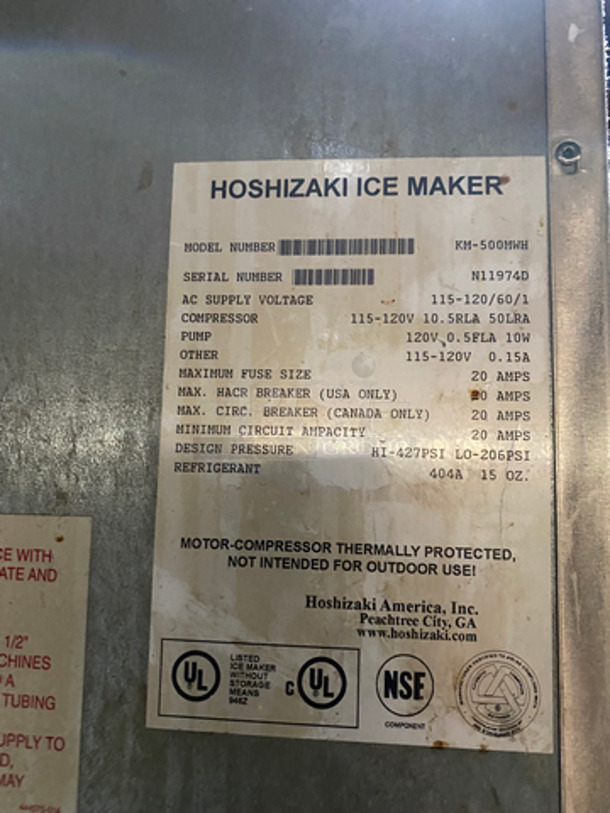 Hoshizaki Commercial Ice Making Machine! On Commercial Ice Bin! All Stainless Steel! On Legs! 2x Your Bid Makes One Unit! Model: KM500MWH SN: N11974D 115/120V 60HZ 1 Phase - Image 5 of 7
