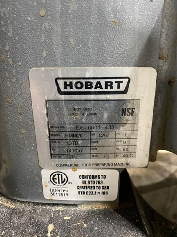 Centerline by Hobart HMM20-1STD Metal Commercial Countertop Dough Mixer w/ Stainless Steel Mixing Bowl, Bowl Guard !MODEL HMM20 SN:EX0001433 120V 1PH  - Image 8 of 10