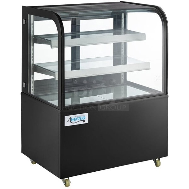 BRAND NEW SCRATCH & DENT! Avantco BC-36-HC 36" Curved Glass Black Refrigerated Bakery Display Case. TESTED! WORKS PERFECT. Exterior glass is broken on right side, interior glass is fine. 36x26-1/2x48   - Image 1 of 1