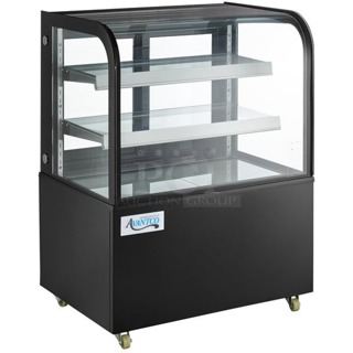 BRAND NEW SCRATCH & DENT! Avantco BC-36-HC 36" Curved Glass Black Refrigerated Bakery Display Case. TESTED! WORKS PERFECT. Exterior glass is broken on right side, interior glass is fine. 36x26-1/2x48  