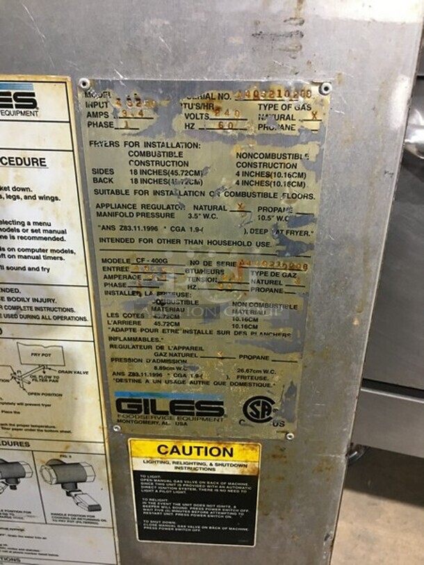 Nice! Giles Natural Gas Powered Commercial Kettle Chicken Fryer! With Automatic Basket Lift! With Oil Filter! Model CF400G Serial A40621020! On Casters! - Image 8 of 9