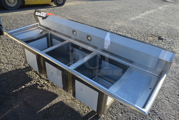 BRAND NEW SCRATCH AND DENT! Regency Stainless Steel Commercial 16 Gauge SS Three Compartment Sink. No Legs. 70x21x25. Bays 14x16x12. Drain Boards 10x18x1