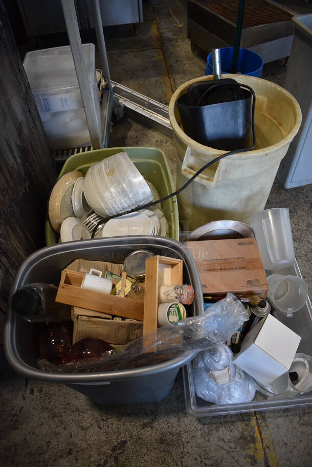 ALL ONE MONEY! Lot of 4 Bins of Various Items Including Ceramic Dishes, Butane Fuel and Shredder.