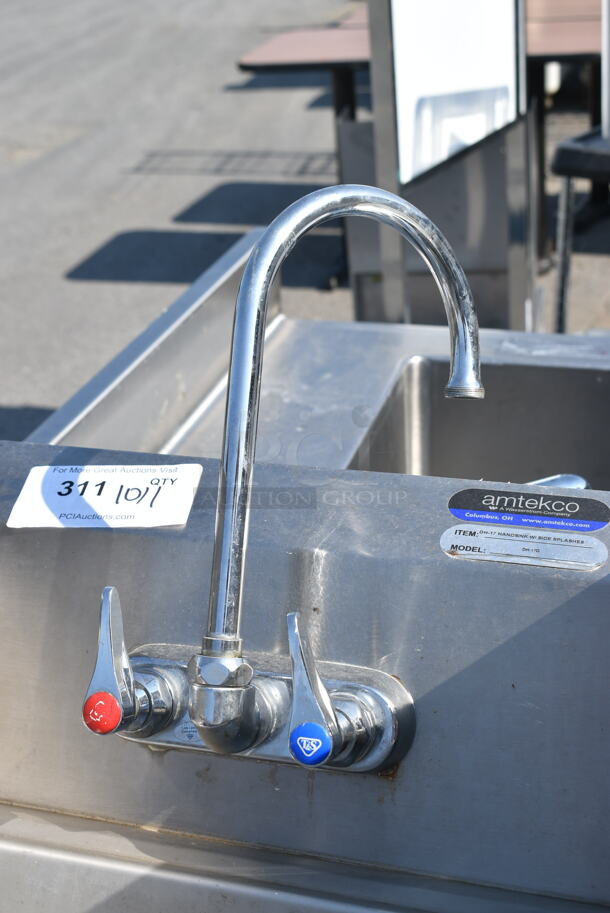 Stainless Steel Single Bay Wall Mount Sink w/ Faucet, Handles and Side Splash Guards.  - Image 3 of 6
