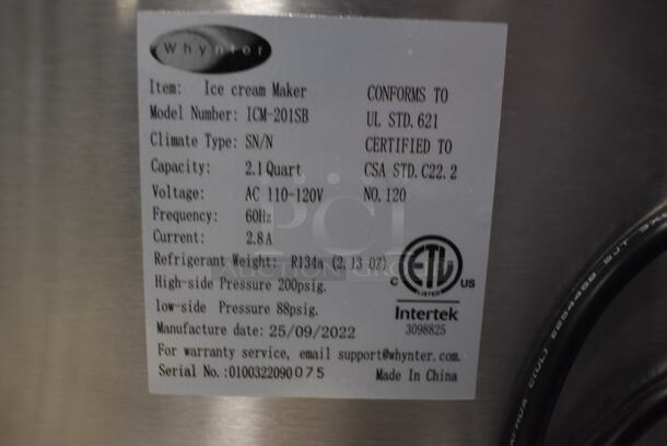 BRAND NEW SCRATCH AND DENT! Whynter ICM-201SB Stainless Steel Commercial Countertop Ice Cream Maker. 110-120 Volts, 1 Phase. Tested and Working! - Image 6 of 6
