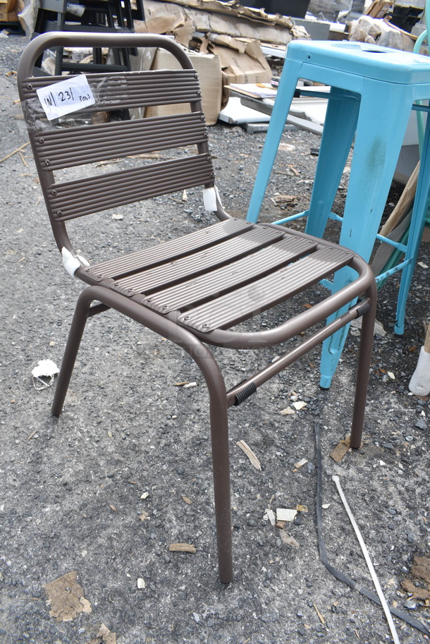 5 BRAND NEW SCRATCH AND DENT! Various Seats; Blue Bar Height Tolix Style Bar Stool, Brown Outdoor Patio Chair and 3 Seafoam Metal Tolix Style Dining Height Chairs. 5 Times Your Bid!  - Image 3 of 5