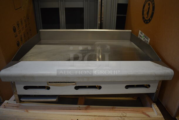 BRAND NEW IN BOX! American Range Model ARMG-36-LD Stainless Steel Commercial Countertop Natural Gas Powered Flat Top Griddle. 36x32x18.5