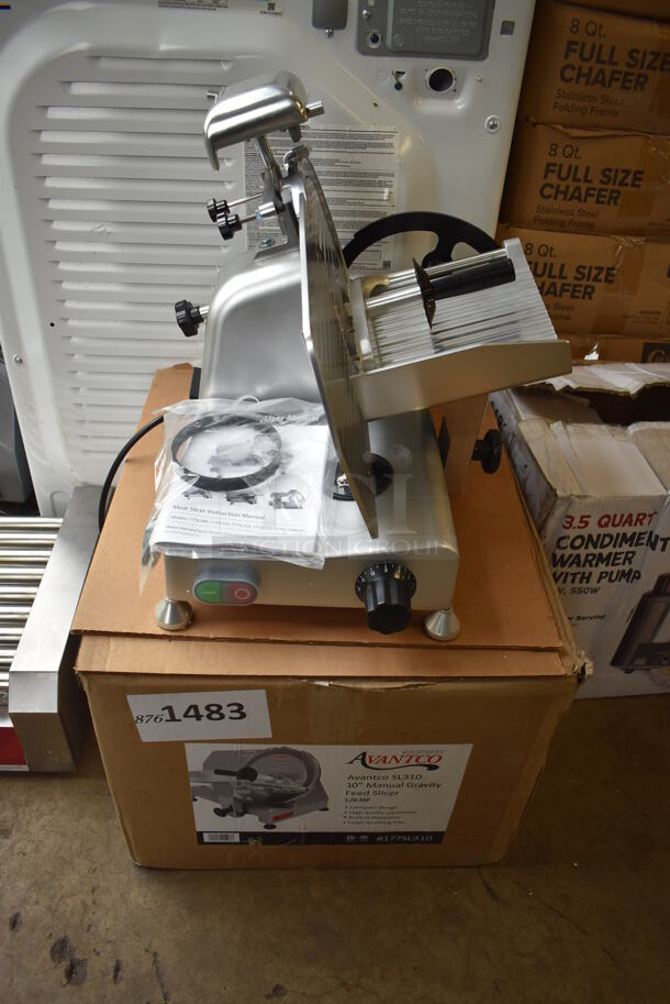 BRAND NEW IN BOX! Avantco 177SL310 Stainless Steel Commercial Countertop Meat Slicer w/ Blade Sharpener. 115 Volts, 1 Phase. 16x19x14. Tested and Working! - Image 2 of 6