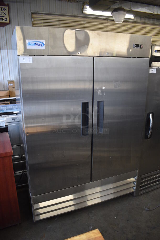 BRAND NEW SCRATCH AND DENT! KoolMore Model RIF-2D-SS Stainless Steel Commercial 2 Door Reach In Freezer w/ Poly Coated Racks and Keys on Commercial Casters. 115 Volts, 1 Phase. 53x33x82. Tested and Working! - Image 3 of 9