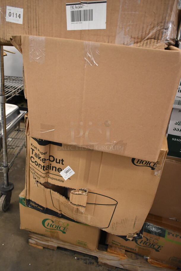 PALLET LOT of 35 BRAND NEW Boxes Including Frymaster 8263295 Skf Linear Actuator, Choice Take Out Container, 395TO883 EcoChoice 8" x 8" x 3" Compostable Sugarcane / Bagasse 3 Compartment Takeout Box - 200/Case,  2 Box 394405L Noble Products Powder-Free Disposable Blue Vinyl Gloves for Foodservice - Large - 1000/Case, 407TRNRSW65 Choice 6" x 5" Square Edge Turner with White Polypropylene Handle, Garde 181ONBLD316 3/16" Blade Assembly for Onion Slicer - 2/Set, 712LSD40V Lavex 40 fl. oz. (1200 mL) Stainless Steel Surface Mounted Vertical Liquid Soap Dispenser. 35 Times Your Bid! - Image 4 of 6
